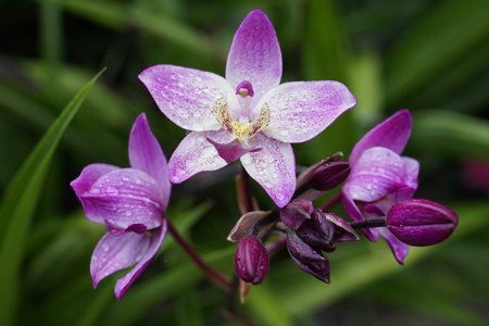 Purple ground orchids adorned with dewdrops create a stunning scene in a vibrant garden. The fresh greenery and delicate petals showcase nature's beauty during a light rain.の写真素材