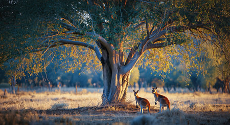 A serene savanna scene at golden hour shows a large gum tree casting warm light on two kangaroos standing nearby in tall grass.AI Generatedの写真素材