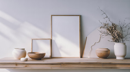 Bright and airy space with a wooden frame and shelves, showcasing plants and decorative items on a light-colored surface. Sunlight filters through, creating a calm atmosphere. AI Generatedの写真素材