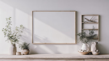 Bright and airy space with a wooden frame and shelves, showcasing plants and decorative items on a light-colored surface. Sunlight filters through, creating a calm atmosphere. AI Generatedの写真素材