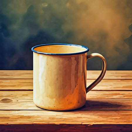 A pale cream tin metal mug sits on a weathered wooden surface, its blue rim catching the light.の写真素材