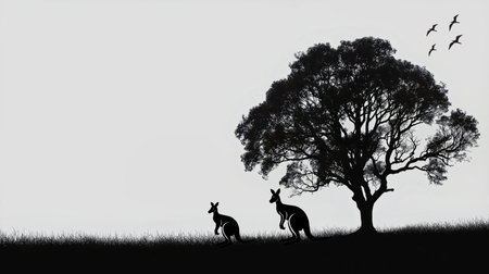 Two kangaroos stand beneath a large tree on a grassy hill, silhouettes against a pale sky. Birds fly overhead, creating a peaceful, natural scene suitable for wildlife and outdoor themes. AI Generatedの写真素材
