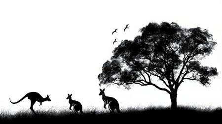 A tranquil silhouette scene featuring three kangaroos on grass beside a large tree, with birds flying overhead. Ideal for nature, wildlife, Australia, and outdoor lifestyle themes. AI Generatedの写真素材
