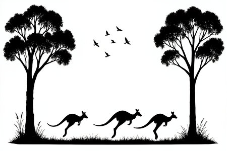 Three kangaroos hop across a grassy ground framed by two tall trees, with birds flying overhead in a serene silhouette scene, ideal for wildlife, nature, and Australian-themed projects.AI Generatedの写真素材