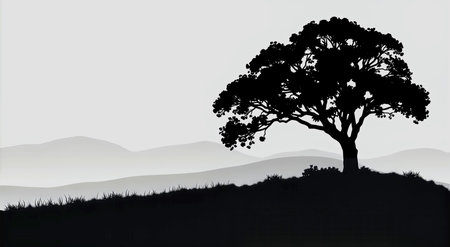 A single tree stands tall on a hill against a soft gray background, with rolling mountains visible in the distance during a serene evening. The scene captures nature's tranquility. AI Generatedの写真素材