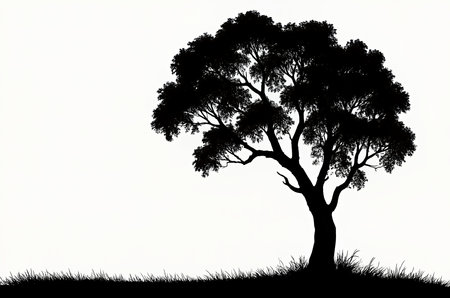 Black silhouette of a lone tree stands on a grassy mound, set against a clean white background. Ideal for nature, outdoor, or minimalist themes, growth, and calm visuals. AI Generatedの写真素材