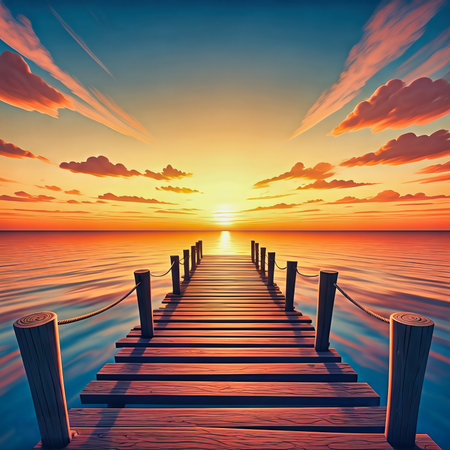 A tranquil wooden pier extends into a glassy sea at sunset, glowing orange and pink skies reflecting on the water. Perfect for travel, relaxation, and inspirational sea imagery. AI Generatedの写真素材