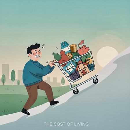 A person struggles to push a shopping cart filled with groceries uphill . The scene captures the challenge of managing rising living costs against a city backdrop. AI Generatedの写真素材