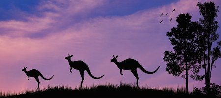 Silhouetted kangaroos hop along a grassy hill under a purple-pink sunset, framed by trees with a flock of birds in the distance. A tranquil moment of nature, ideal for wildlife and travel themes.の写真素材