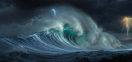 A colossal ocean wave curls into a powerful crest beneath a dark, stormy sky, with lightning . Dynamic, dramatic nature scene suitable for weather, travel, and adventure themes. AI Generatedの写真素材