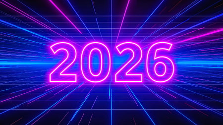 Vibrant neon pink 2026 glows at the center of a futuristic blue grid, surrounded by laser lines that suggest energy, tech, and a bold new year. AI Generatedの写真素材