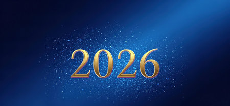 A luxurious gold 2026 shines boldly against a deep blue backdrop, surrounded by twinkling particles. Perfect for New Year conveying prosperity, anticipation, and festive elegance. AI Generatedの写真素材
