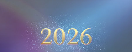 Golden 2026 numbers rise on a blue gradient with glittering particles, conveying celebration, optimism, and new beginnings for the coming year. AI Generatedの写真素材