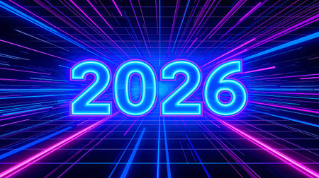 Vibrant neon numbers for 2026 illuminate a fast-moving, futuristic scene with blue and pink lights crossing a digital grid. Perfect for technology, innovation, and new year. AI Generatedの写真素材