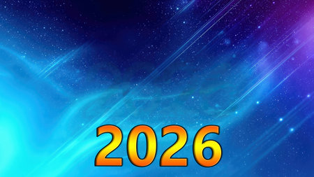 Vibrant futuristic scene with the year 2026 in bold orange over a blue-purple cosmic background. Evokes hope, progress, and celebration of a new era in space-inspired imagery. AI Generatedの写真素材
