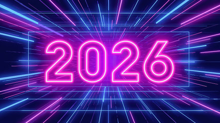 Vibrant neon 2026 sign surrounded by electric blue and pink light streaks, creating a futuristic, energetic vibe ideal for New Year, technology, and celebration themes. AI Generatedの写真素材