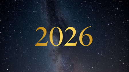 A striking image of large gold digits 2026 floating over a deep starry sky, conveying celebration, hope, and a fresh start for the New Year. AI Generatedの写真素材