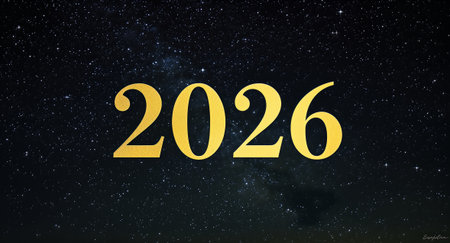 A striking image of large gold digits 2026 floating over a deep starry sky, conveying celebration, hope, and a fresh start for the New Year. AI Generatedの写真素材