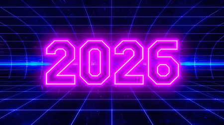 Vibrant neon year mark on a retro grid, glowing pink against a futuristic blue spectrum. Ideal for technology, future, innovation, digital trends AI Generatedの写真素材
