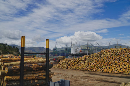 Industrial lumber yard near a busy port shows tall stacks of logs and timber, with cargo cranes and...