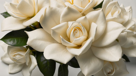 A pristine arrangement of a cream-white gardenia bouquet accented by glossy green leaves . Perfect for weddings, celebrations. AI Generatedの写真素材