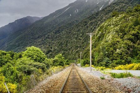 A single railway track stretches into a lush mountain valley, framed by dense green forest, cloudy skies, evoking travel, solitude, adventure and quiet natural beauty. Otira New Zealandの写真素材
