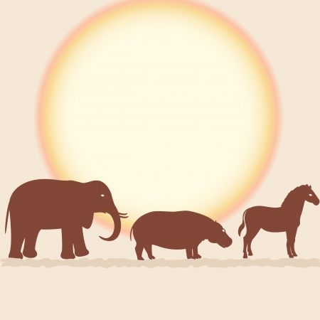 card with African animals silhouettes over sunのイラスト素材