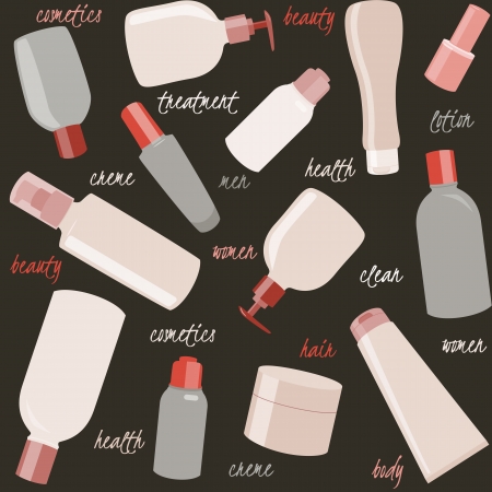 Seamless pattern with cosmetics bottles and text over blackのイラスト素材