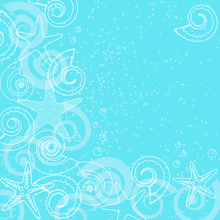 Sea life card with shells and starfish on blue backgroundのイラスト素材