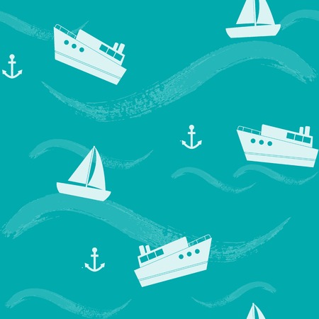 Marine seamless pattern with ships and wavesのイラスト素材