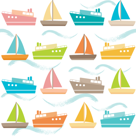 Colorful seamless pattern with ships and wavesのイラスト素材