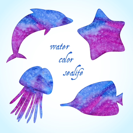 Set of sea animals with watercolor textureのイラスト素材