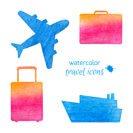 Watercolor travel icons set isolated on whiteのイラスト素材