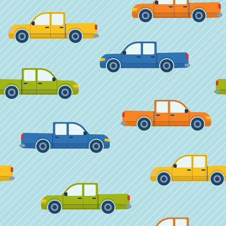 Bright seamless pattern with colorful pickup carsのイラスト素材