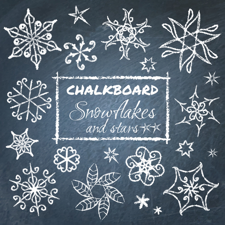 Collection of stylized hand-drawn snowflakes on chalkboardのイラスト素材