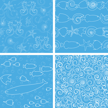 Monochrome collection of sea life seamless patternsのイラスト素材