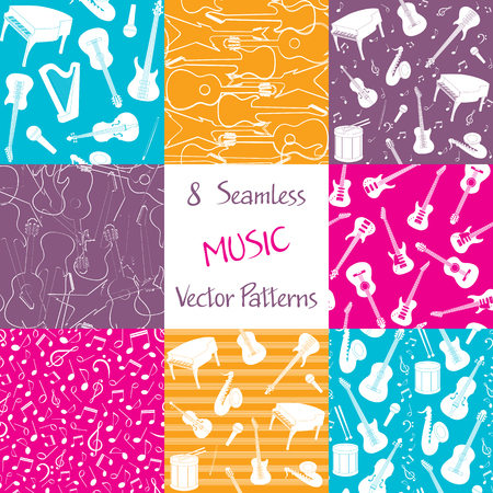 Collection of seamless patterns with musical instruments. Colorful repeating vector patterns for background.のイラスト素材