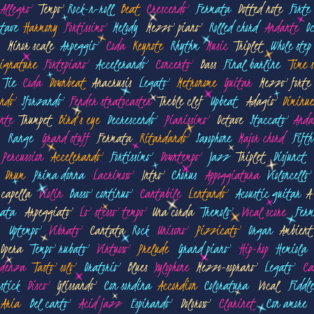 Bright seamless pattern with different musical terms. Vector illustration with text.のイラスト素材