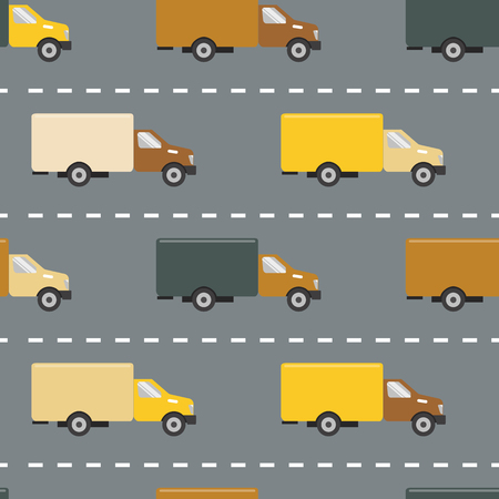 Pattern with colorful trucks in flat style on the road.のイラスト素材