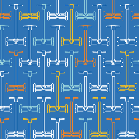 Seamless pattern with colorful balancing scooters in line art style on blue backgroundのイラスト素材