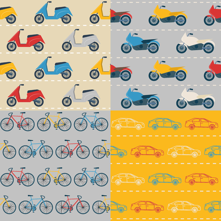 Collection of flat style seamless patterns with colorful transport. Flat style cars, bikes, motorbikes and scooters on the road.のイラスト素材
