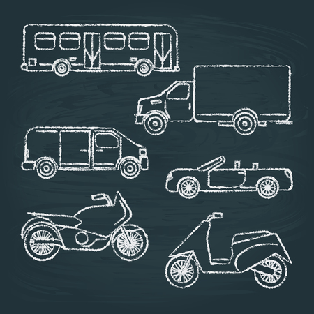 Collection of chalk sketches of different transport on blackboard.のイラスト素材