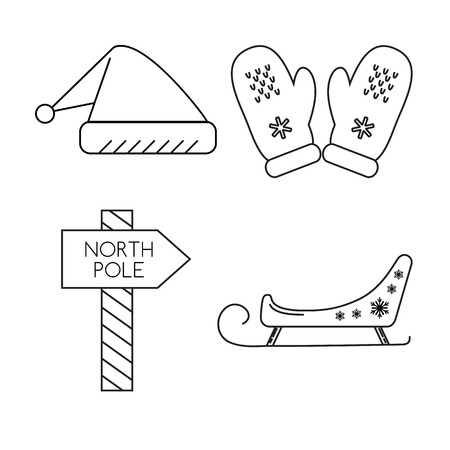 Collection of Christmas icons in thin line style. Santa sleigh, hat, mittens and North Pole waypost symbols isolated on white background.のイラスト素材