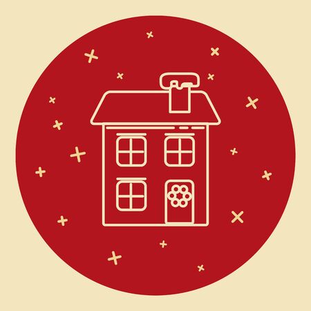 Winter house icon in thin line style. Festive home with wreath symbol in round frame.のイラスト素材