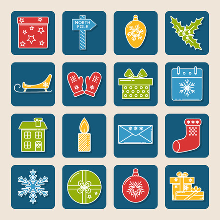 Collection of colored thin line style Christmas icons in square frameのイラスト素材