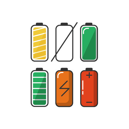 Set of battery charge level indicators in flat style. Energy load colorful symbols isolated on white background.のイラスト素材