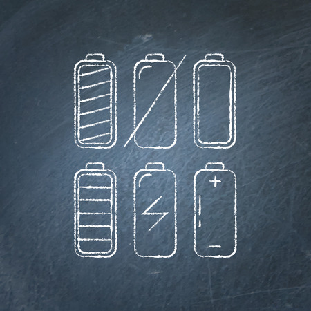 Set of battery charge level indicator sketches on chalkboard. Energy load symbols - chalk drawing on blackboard.のイラスト素材