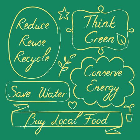 Set of hand drawn ecology lettering icons on green background.のイラスト素材