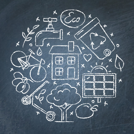 Set of sketch style ecology icons on chalkboardのイラスト素材