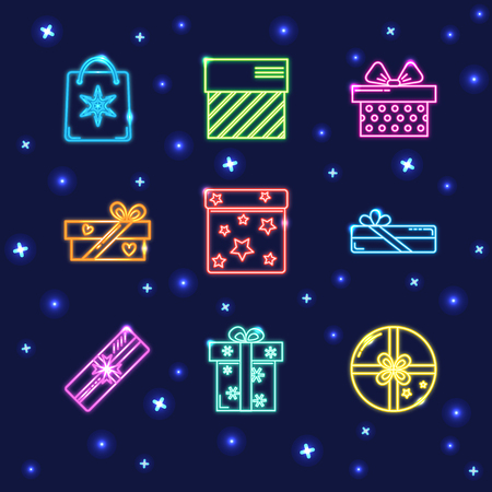 Collection of neon gift box icons.のイラスト素材